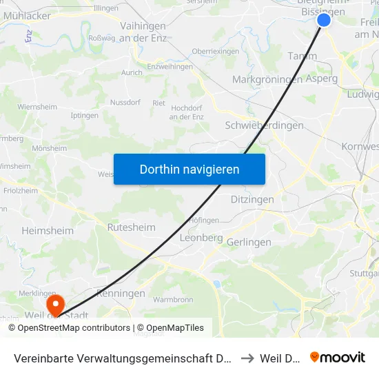 Vereinbarte Verwaltungsgemeinschaft Der Stadt Bietigheim-Bissingen to Weil Der Stadt map