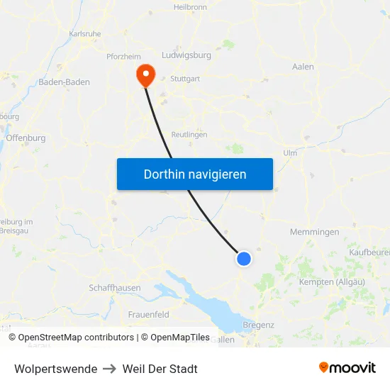 Wolpertswende to Weil Der Stadt map