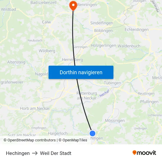 Hechingen to Weil Der Stadt map