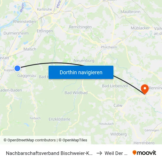 Nachbarschaftsverband Bischweier-Kuppenheim to Weil Der Stadt map