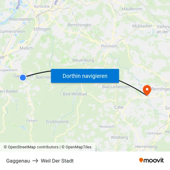 Gaggenau to Weil Der Stadt map