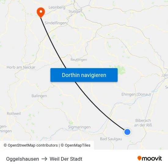Oggelshausen to Weil Der Stadt map