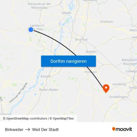 Birkweiler to Weil Der Stadt map