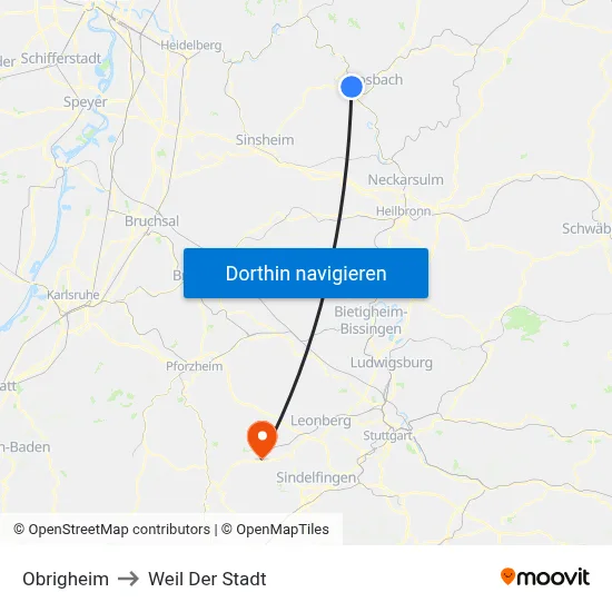 Obrigheim to Weil Der Stadt map