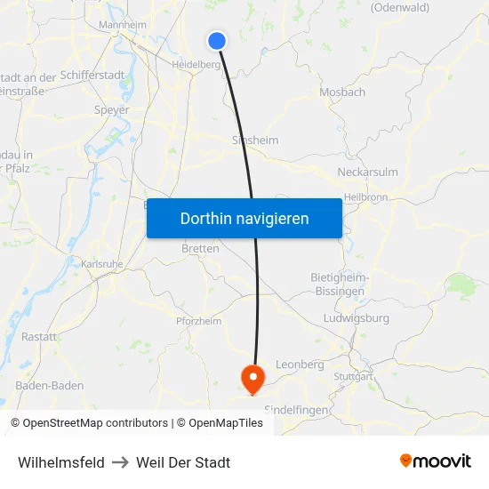 Wilhelmsfeld to Weil Der Stadt map