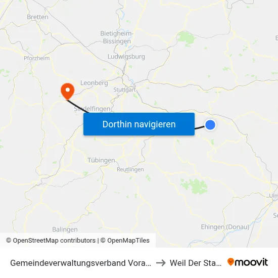 Gemeindeverwaltungsverband Voralb to Weil Der Stadt map