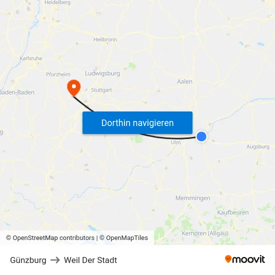 Günzburg to Weil Der Stadt map