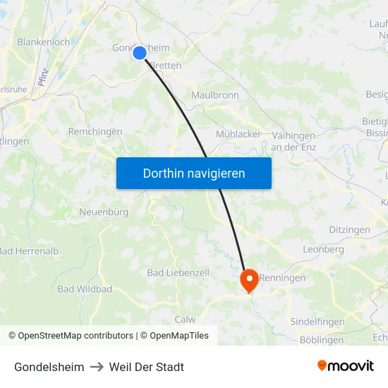 Gondelsheim to Weil Der Stadt map