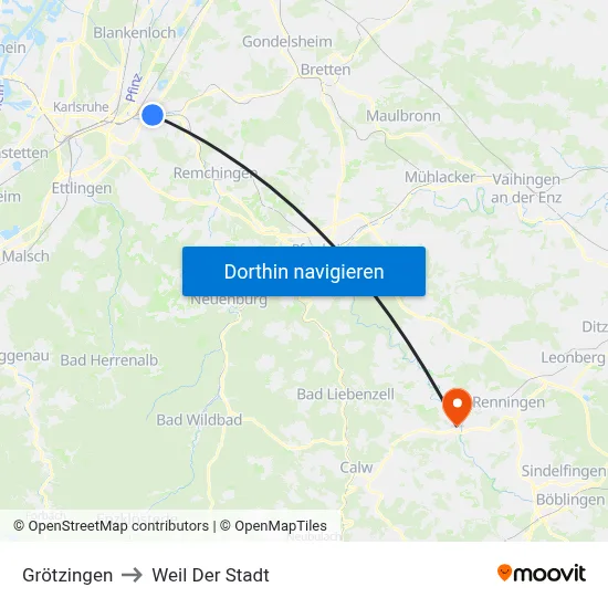 Grötzingen to Weil Der Stadt map