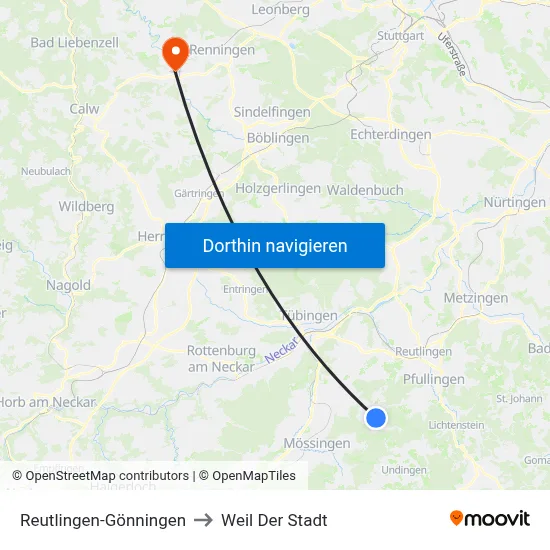 Reutlingen-Gönningen to Weil Der Stadt map