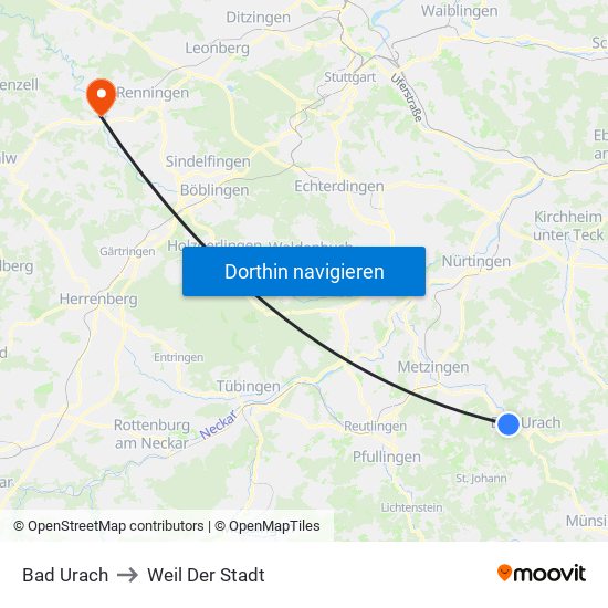 Bad Urach to Weil Der Stadt map