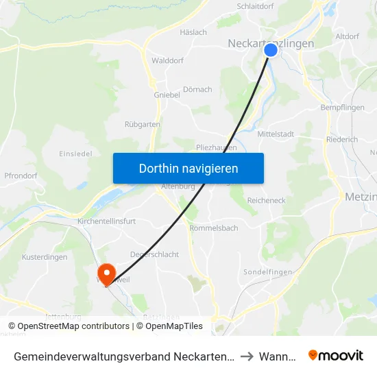 Gemeindeverwaltungsverband Neckartenzlingen to Wannweil map