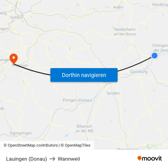 Lauingen (Donau) to Wannweil map