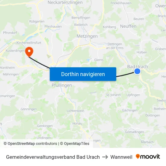 Gemeindeverwaltungsverband Bad Urach to Wannweil map