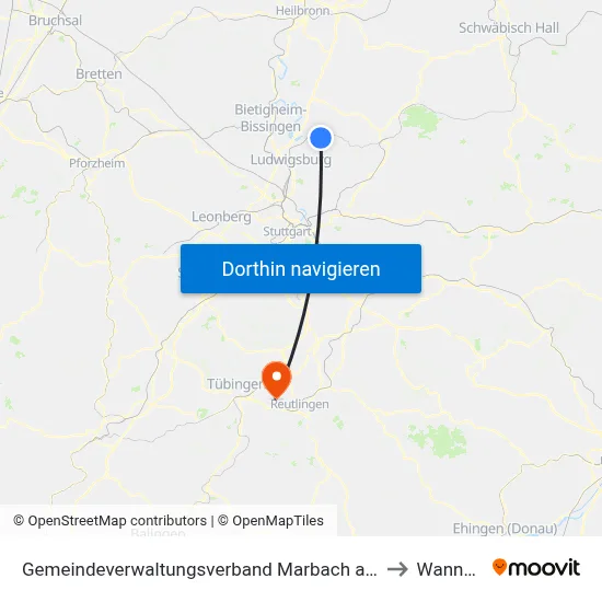 Gemeindeverwaltungsverband Marbach am Neckar to Wannweil map