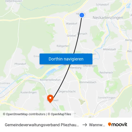 Gemeindeverwaltungsverband Pliezhausen to Wannweil map