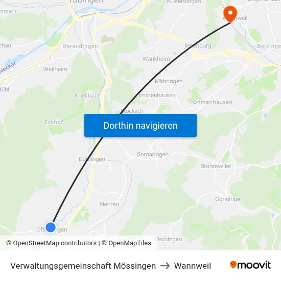 Verwaltungsgemeinschaft Mössingen to Wannweil map