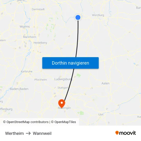 Wertheim to Wannweil map