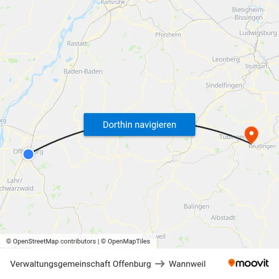Verwaltungsgemeinschaft Offenburg to Wannweil map