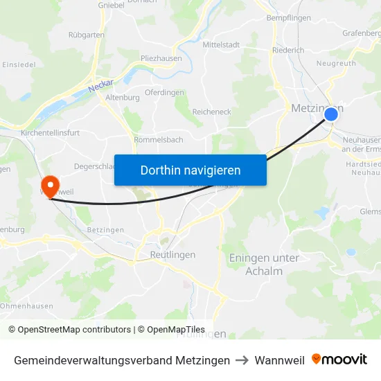 Gemeindeverwaltungsverband Metzingen to Wannweil map