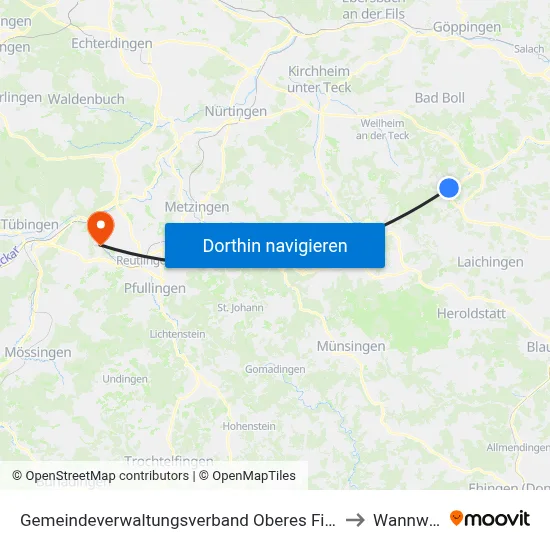Gemeindeverwaltungsverband Oberes Filstal to Wannweil map