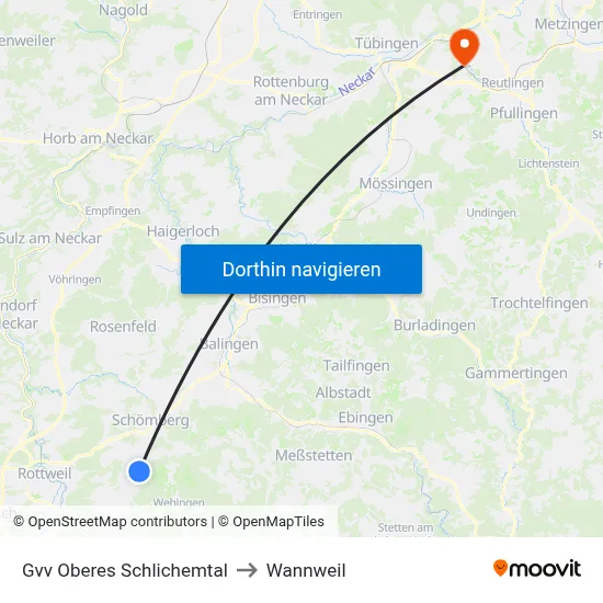 Gvv Oberes Schlichemtal to Wannweil map