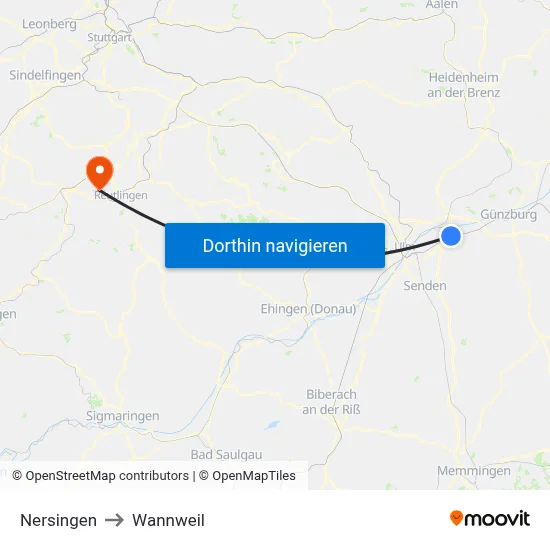 Nersingen to Wannweil map