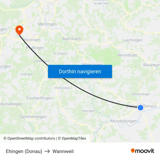 Ehingen (Donau) to Wannweil map