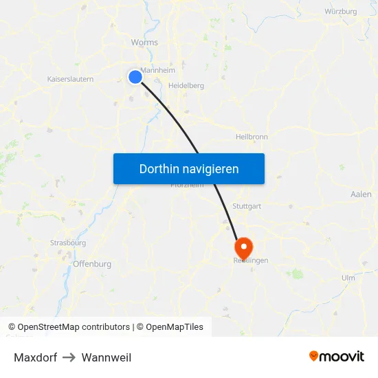 Maxdorf to Wannweil map