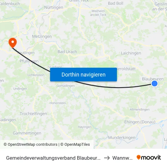 Gemeindeverwaltungsverband Blaubeuren to Wannweil map