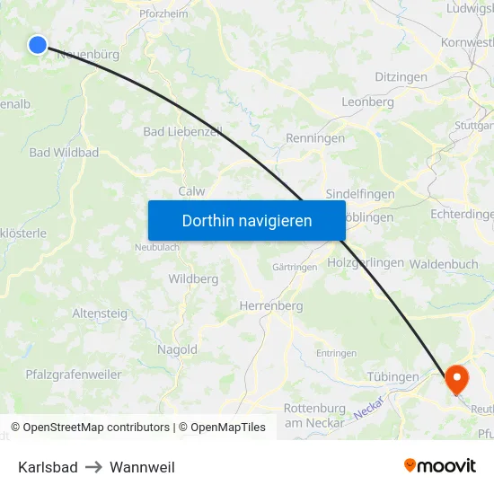 Karlsbad to Wannweil map