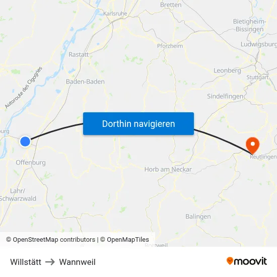 Willstätt to Wannweil map