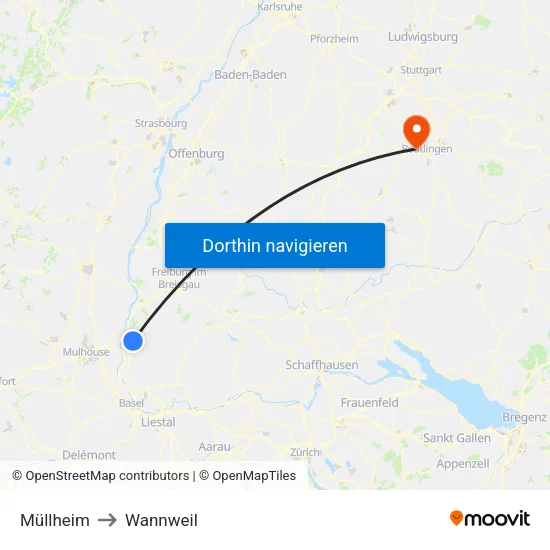 Müllheim to Wannweil map