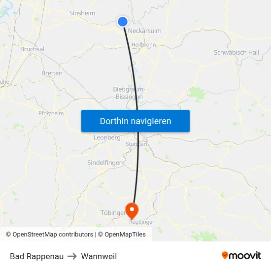 Bad Rappenau to Wannweil map