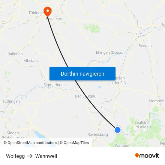 Wolfegg to Wannweil map