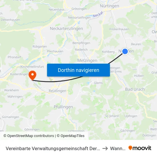 Vereinbarte Verwaltungsgemeinschaft Der Stadt Neuffen to Wannweil map