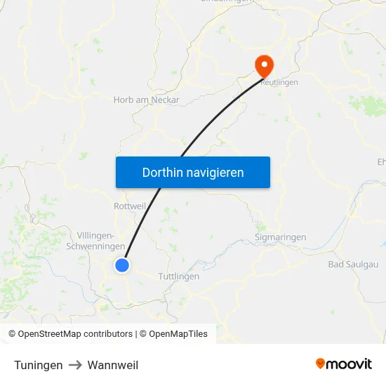 Tuningen to Wannweil map