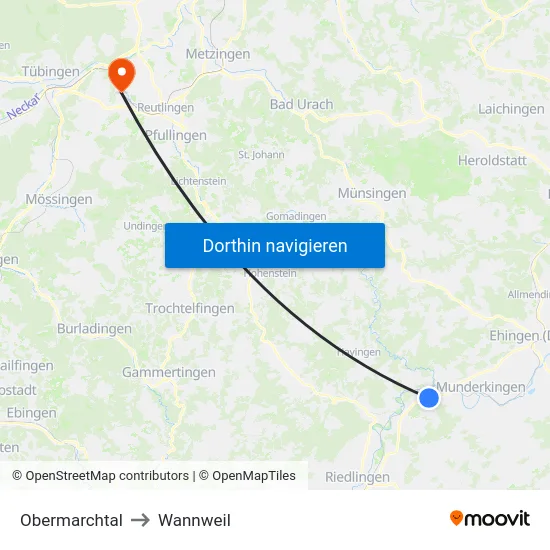 Obermarchtal to Wannweil map