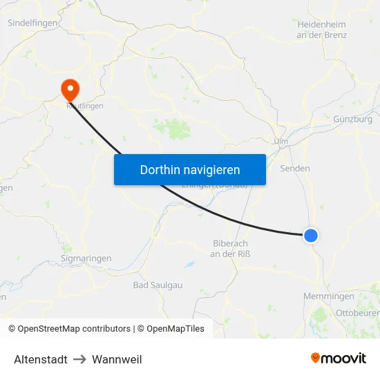Altenstadt to Wannweil map