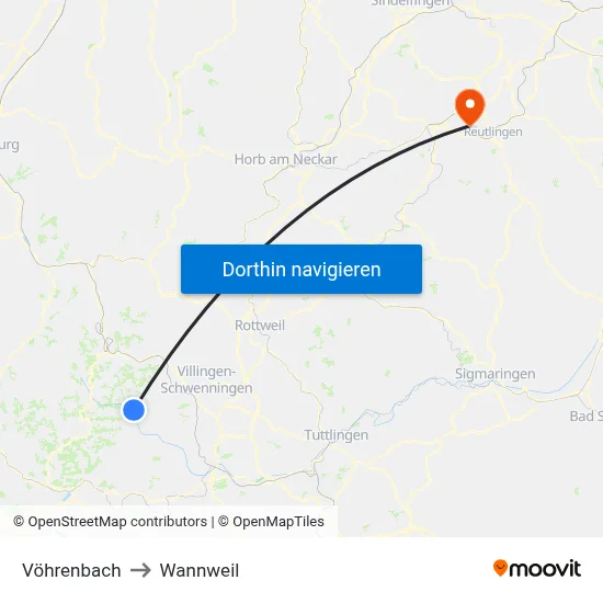 Vöhrenbach to Wannweil map