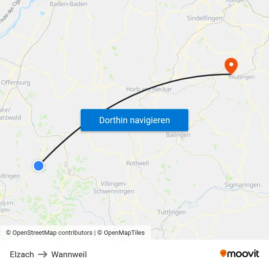 Elzach to Wannweil map