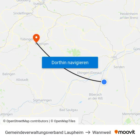 Gemeindeverwaltungsverband Laupheim to Wannweil map