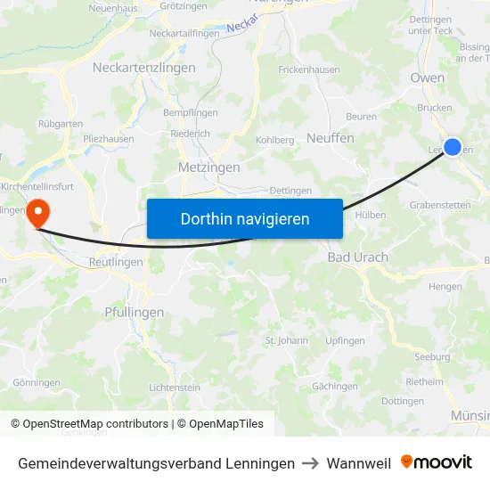 Gemeindeverwaltungsverband Lenningen to Wannweil map