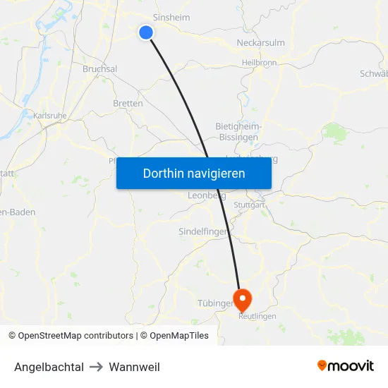 Angelbachtal to Wannweil map