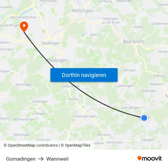 Gomadingen to Wannweil map