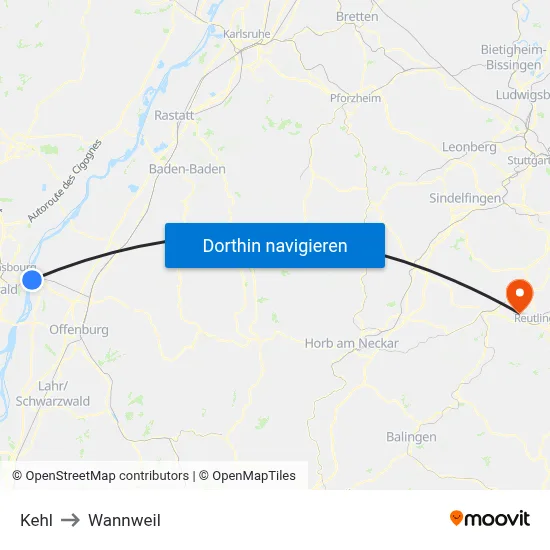 Kehl to Wannweil map