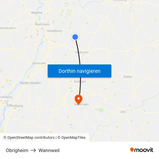 Obrigheim to Wannweil map