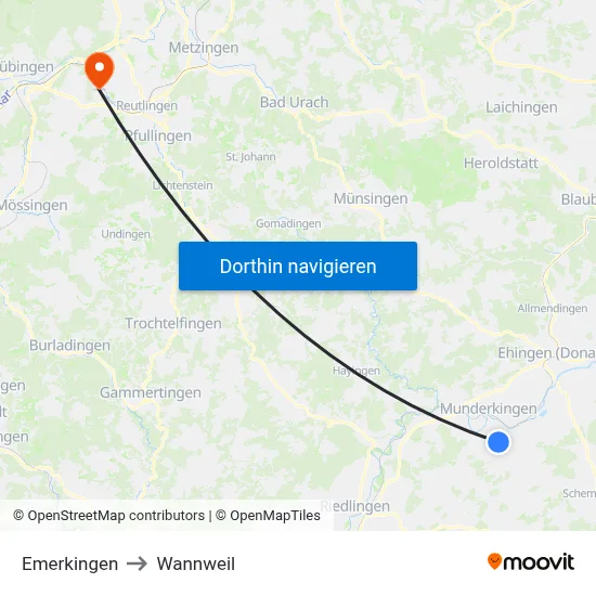 Emerkingen to Wannweil map