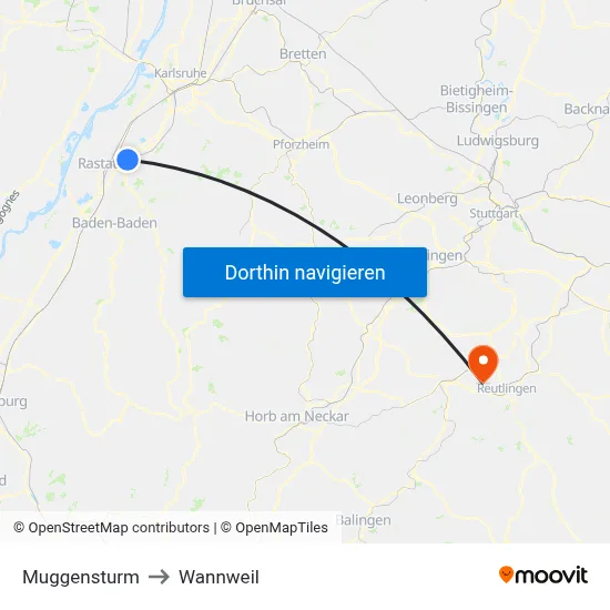 Muggensturm to Wannweil map