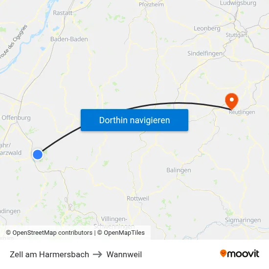 Zell am Harmersbach to Wannweil map